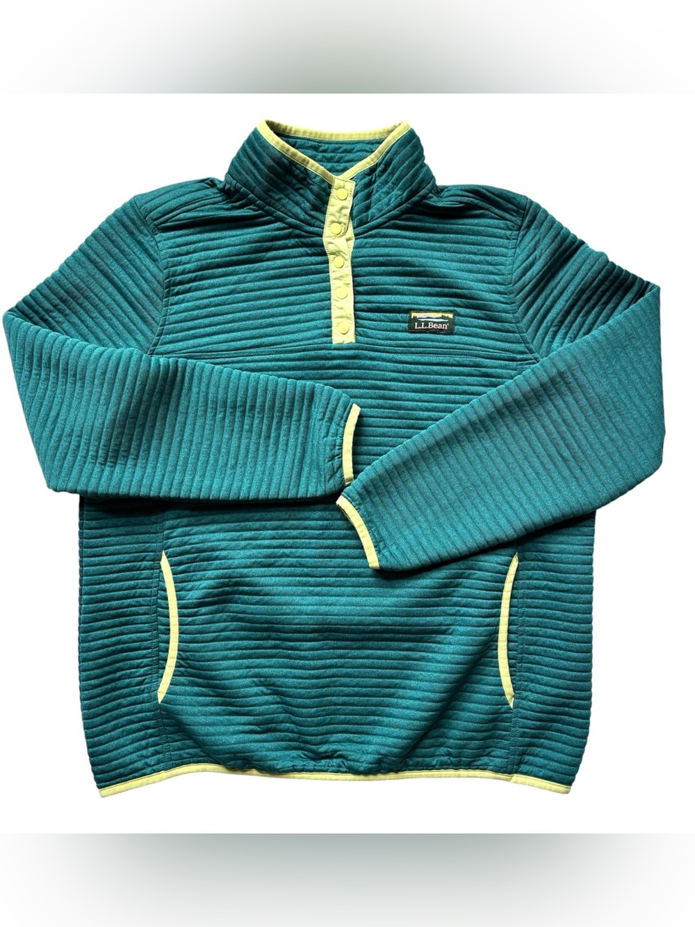 LL Bean Airlight Knit Pullover Sweatshirt Women Large Green 1/4 Mock Snap Soft